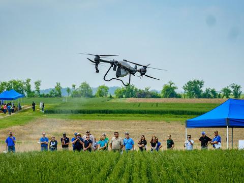 Drone spraying demonstration at UKREC Wheat Field Day in Princeton, KY